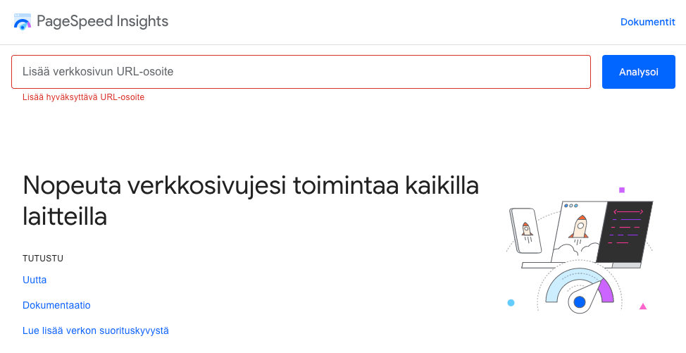 Google PageSpeed Insights etusivu