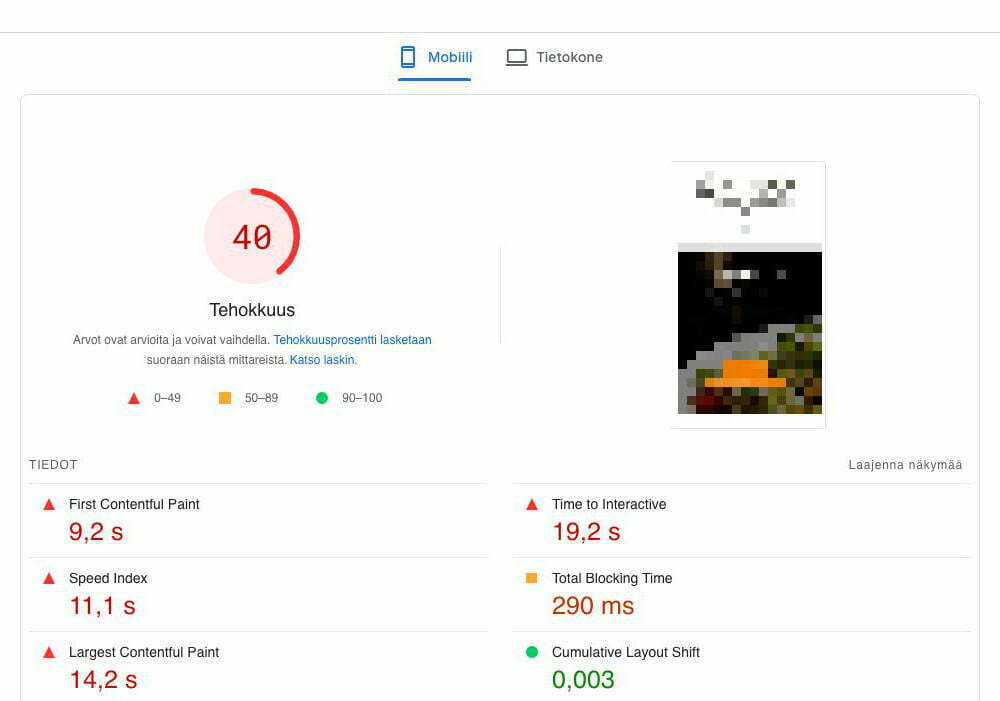 Esimerkki huonosta Google PageSpeed Insights tuloksesta mobiilissa