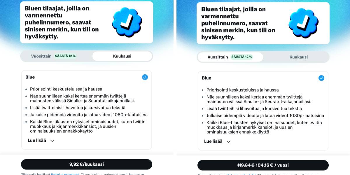 Twitter Blue hinnasto Suomessa