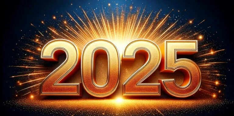 Vuoden 2025 kultaiset numerot, joita ympäröi sädehtivä valon ja ilotulituksen hehku tummansinistä taustaa vasten.
