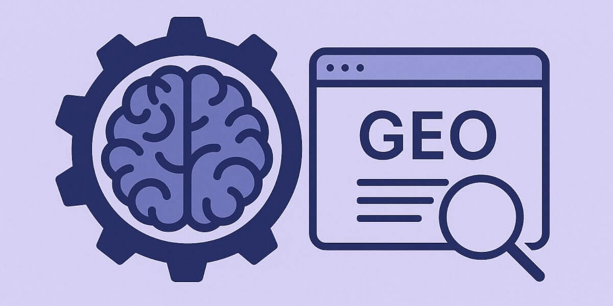 Aivoja kuvaava ikoni rattaan sisällä ja vieressä selainikkunan kuvake, jossa lukee GEO ja suurennuslasi korostaa sisältöä, joka viittaus tekoälyyn ja generatiiviseen hakukoneoptimointiin (GEO).
