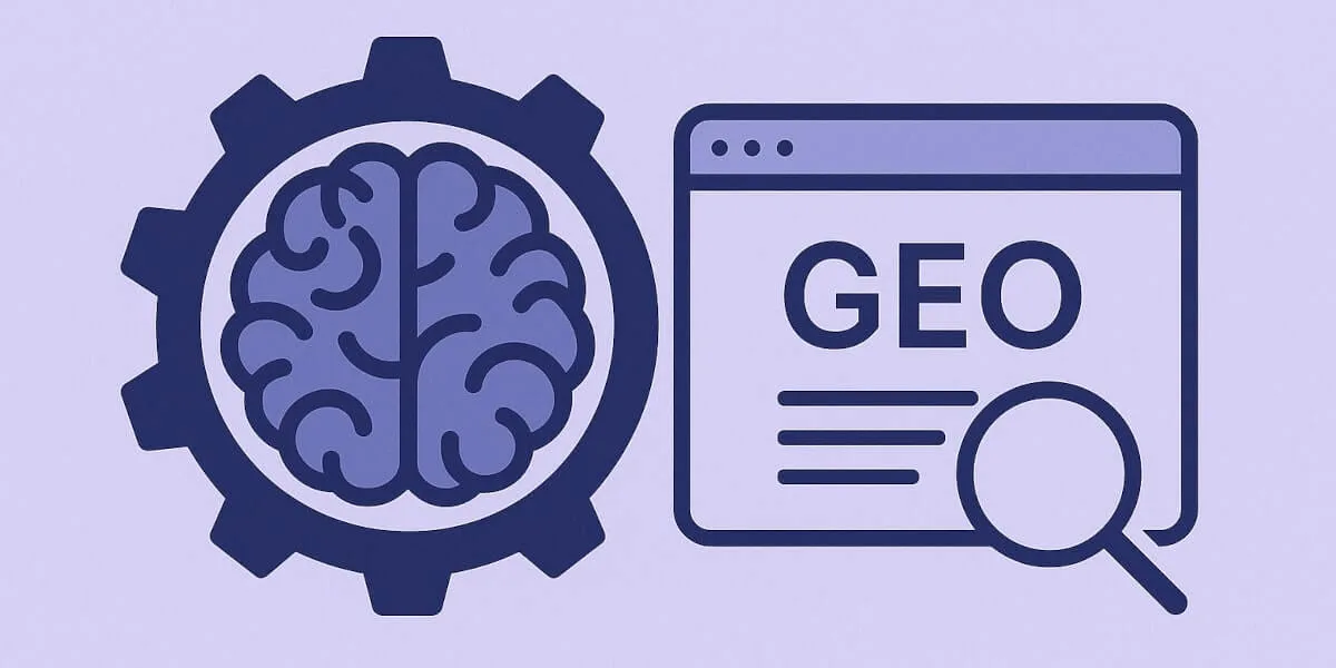 Aivoja kuvaava ikoni rattaan sisällä ja vieressä selainikkunan kuvake, jossa lukee GEO ja suurennuslasi korostaa sisältöä, joka viittaus tekoälyyn ja generatiiviseen hakukoneoptimointiin (GEO).