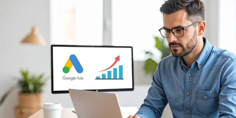 Mies työskentelee kannettavalla tietokoneella modernissa toimistossa, taustalla näyttö, jossa näkyy Google Ads -logo ja kasvava pylväsdiagrammi.