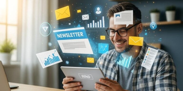 Mies hymyilee ja katsoo tabletin näyttöä, jossa lukee “Newsletter”. Hänen ympärillään leijuu digitaalisia kuvakkeita, kuten sähköpostisymboleja, tilastokaavioita ja puhekuplia, jotka symboloivat uutiskirjemarkkinointia. Taustalla näkyy valoisa työhuone.