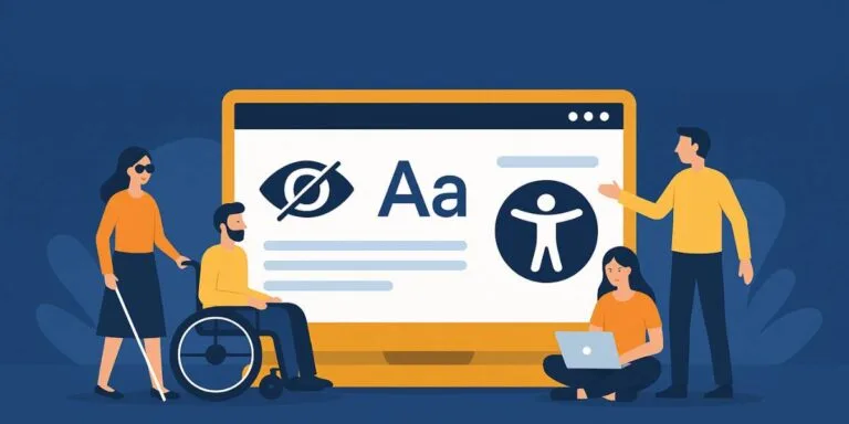 Kolme henkilöä eri tilanteissa työskentelee tietokoneen äärellä saavutettavuutta kuvaavan näytön edessä. Näytöllä näkyy saavutettavuusikoneita, kuten silmä, Aa-kirjaimet ja esteettömyyssymboli.