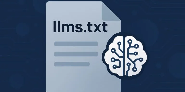 Tiedostokuvake, jossa lukee "llms.txt", ja sen vieressä tekoälyä symboloiva piirros aivoista piirilevymäisellä rakenteella.