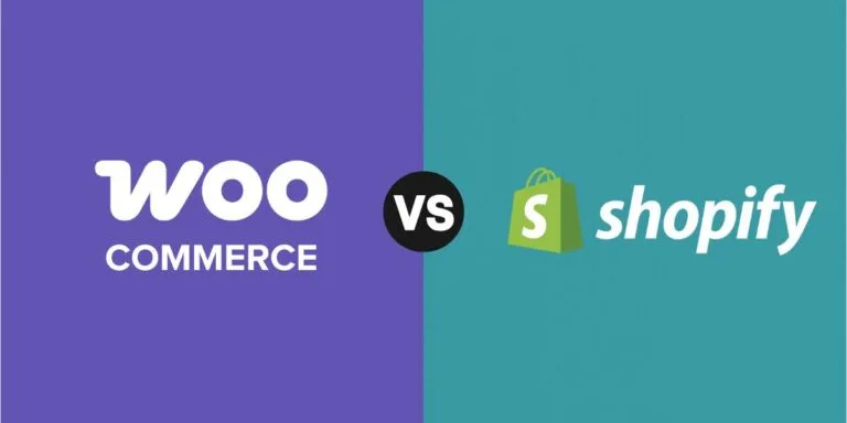 Kuvassa vertaillaan WooCommerce- ja Shopify-verkkokauppa-alustoja. Vasemmalla on violetti tausta, jonka päällä lukee "WooCommerce", ja oikealla turkoosilla taustalla on Shopifyn logo ja teksti "Shopify". Keskellä musta ympyrä, jossa valkoinen "VS"-teksti.