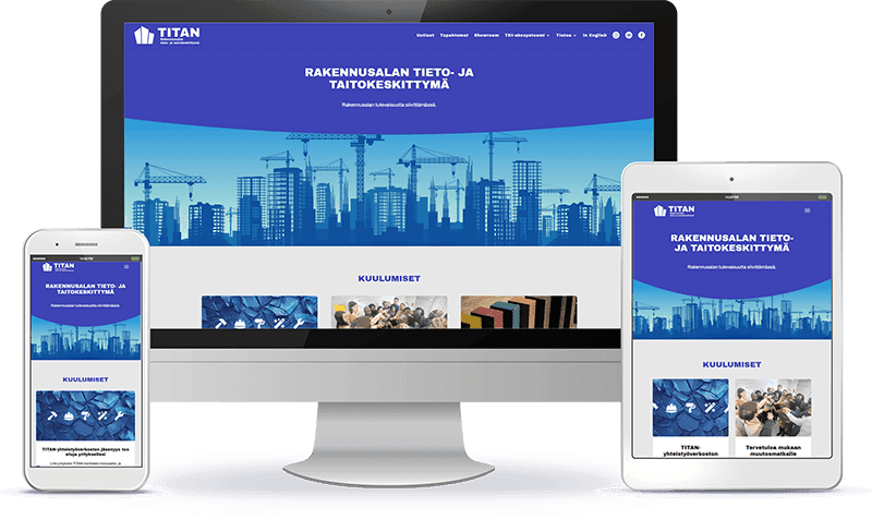 Rakennusalan tieto- ja taitokeskittymän WordPress-verkkosivun esittely eri laitteilla.