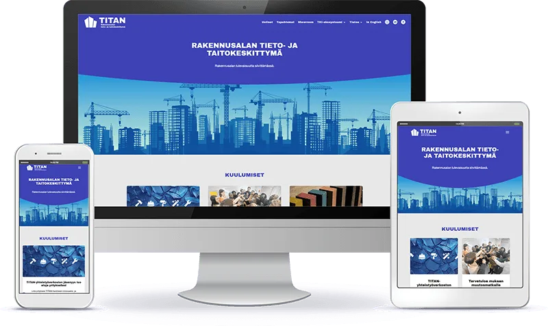 Rakennusalan tieto- ja taitokeskittymän WordPress-verkkosivun esittely eri laitteilla.