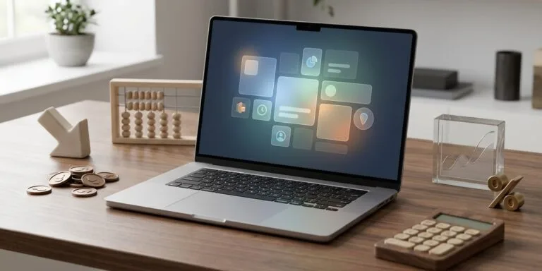 Kannettavan tietokoneen työpöytänäkymä, jossa ympärillä on kolikkoja, laskin, prosenttisymboli ja abakus korostamassa verkkokaupan veromuutoksiin liittyvää teemaa.