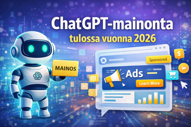 Havainnekuva ChatGPT-mainonnasta, jossa tekoälyhahmo pitelee mainoskylttiä ja chat-ympäristössä näkyy sponsoroitu Ads-sisältö, korostaen ChatGPT-mainonnan käyttöönottoa vuonna 2026.