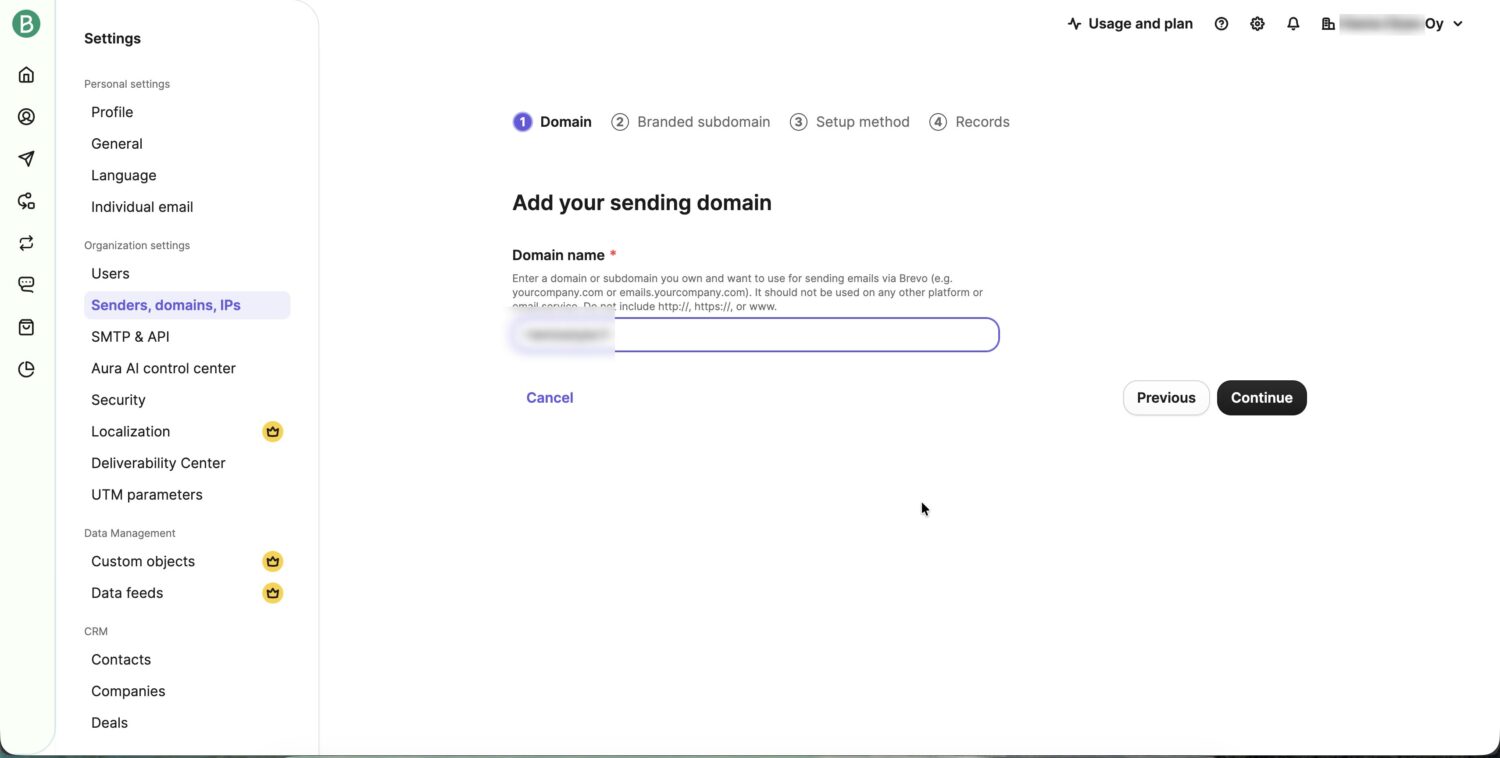 Lähettävän domainin lisääminen Brevoon